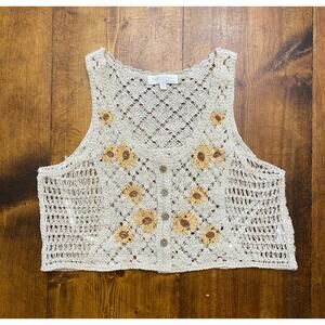 Rebellion Crochet Vest Small Sunflower Embroidered Button Front 100% Cotton Boho